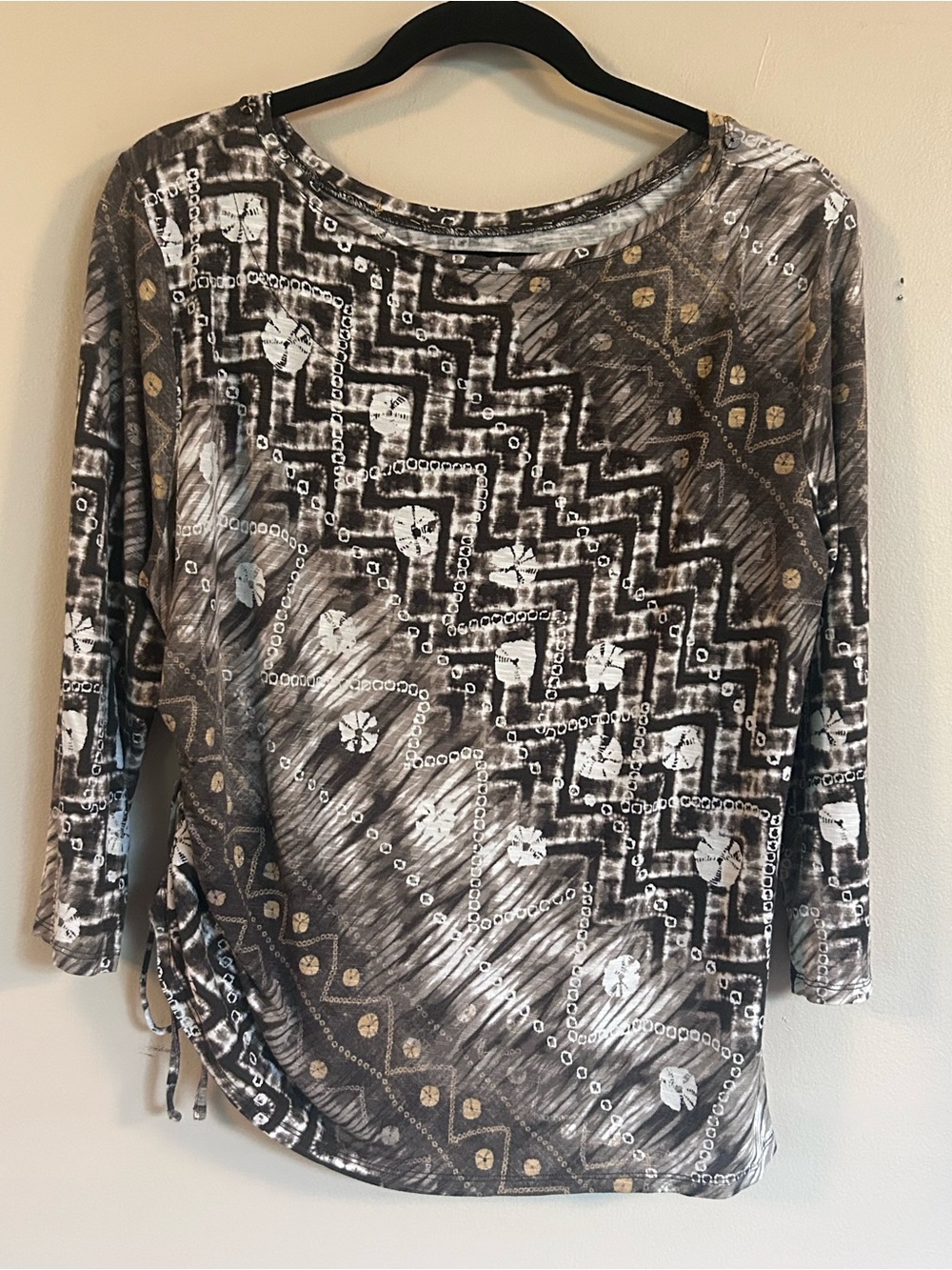 Women's Gray Patterned Long-Sleeve Boatneck Top with Metallic Accents